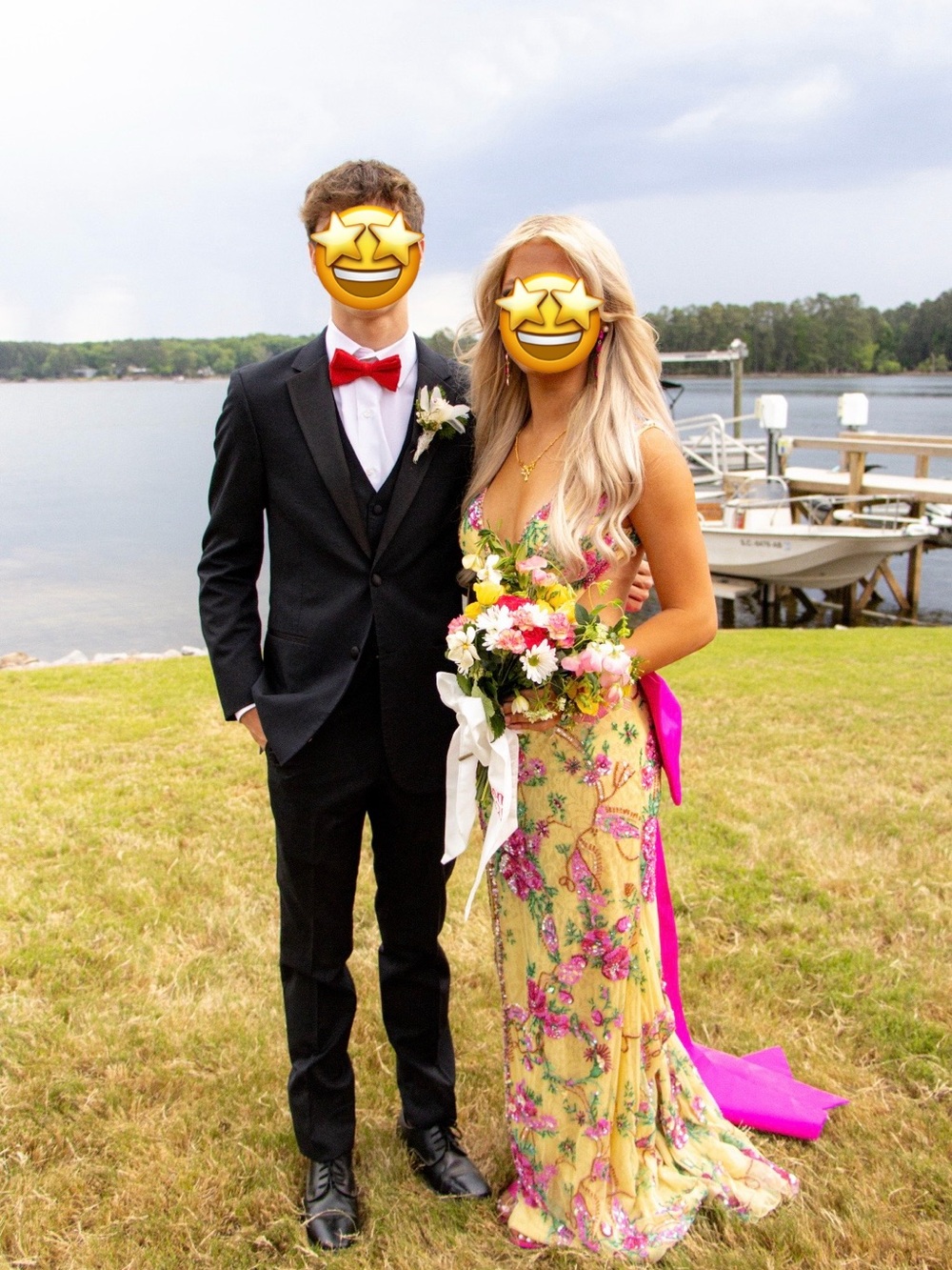 Stunning Sherri Hill Couture Prom 2026 Yellow Beaded Floral Gown with Pink Bow